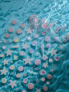 Set de 12 pegatinas de arte de uñas con diseños de conchas arcoíris con láser, coral, estrellas de mar, para primavera y verano, con temática de playa y océano, 3D y coloridos, con estilo de sirena, autoadhesivos para manicura - Multicolor - Ver 2
