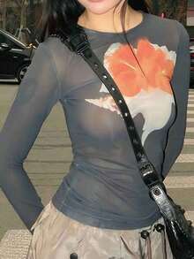 Women's Floral Print Round Neck Long Sleeve Mesh T-Shirt, Spring/Summer - Navy Blue - View 2