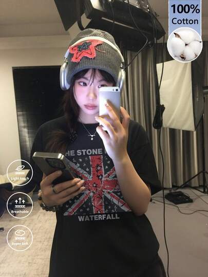 Women's Vintage Rock Oversized T-Shirt - Distressed British Flag Pattern Casual Short Sleeve Tee, 90s Streetwear Top, Suitable For Summer