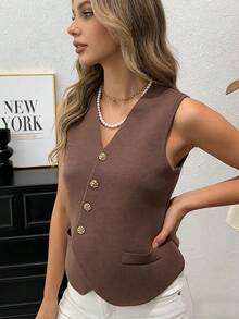Cardigan Delgado para mujeres Chaleco sin mangas de cuello en V tejido para mujer. Estilo vintage francés veraniego. Silueta estilizada. Dobladillo irregular único y distintivo. Prenda exclusiva y distintiva. - Café integral - Ver 6