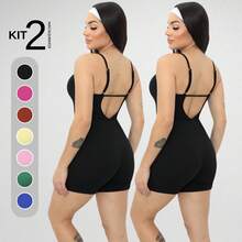 Kit 2 Jumpsuits Ribbed Strappy Rompers Women's Clothing Gym Sports Fitness - Black - View 4