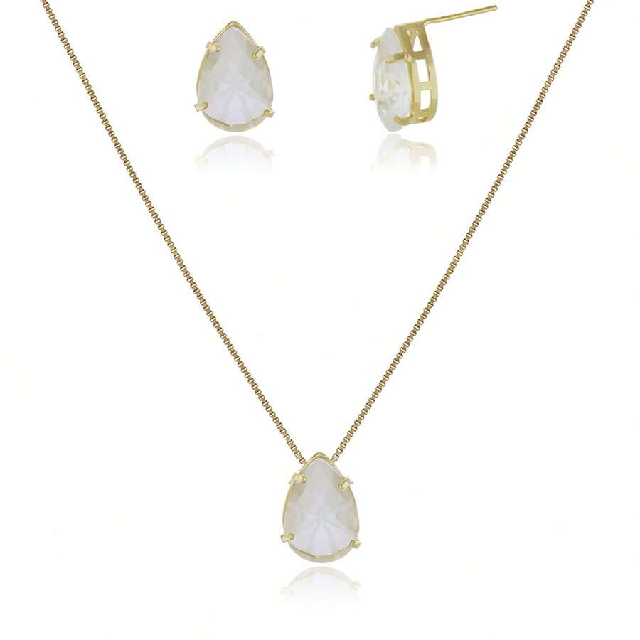 Women's Gold-Plated Costume Jewelry Set: Earrings, Necklace, And Teardrop Stone Pendant (18k Gold Plated) - 玻璃 - 查看 1