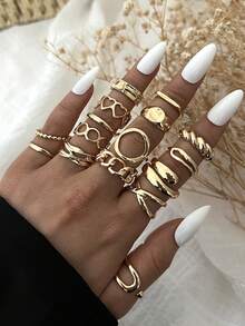 Bộ 20/15/10/3 chiếc nhẫn kim loại kiểu dáng cổ điển, thanh lịch, thường ngày lấy cảm hứng từ đồng xu dành cho nữ, bao gồm các kiểu dáng xếp nếp không đều, ngọc trai bất đối xứng, trái tim rỗng, hình giọt nước hình học kết hợp nhiều yếu tố, phù hợp để đeo hàng ngày, dự tiệc, đám cưới, ngày lễ, ngày Valentine, hẹn hò (Giao hàng ngẫu nhiên) - Vàng 2 - Xem 9