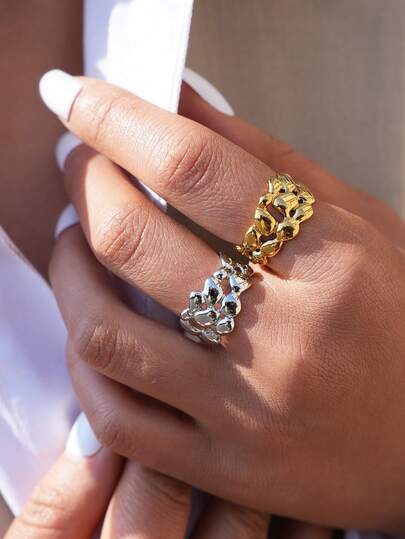 2pcs/1pc Chunky Cuban Link Chain Ring Set For Women, 18K Gold Plated & Silver Tone Bold Statement Rings, Stackable Finger Jewelry For Daily Wear, Party & Street Style Fashion