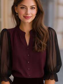 女士优雅圆领七分袖薄纱泡泡袖纽扣衬衫，春夏款，适合工作和休闲穿着 - 酒紅色 - 查看 3