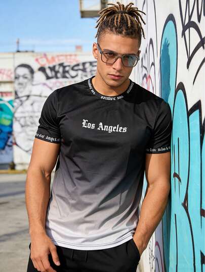 男士时尚洛杉矶字母渐变印花圆领短袖T恤，夏季