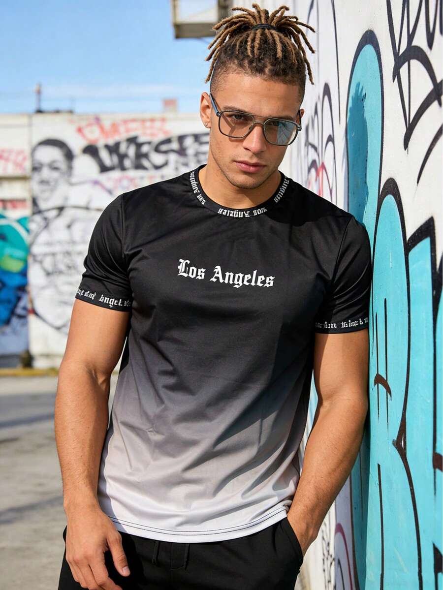 男士时尚洛杉矶字母渐变印花圆领短袖T恤，夏季 - 彩色 - 查看 1