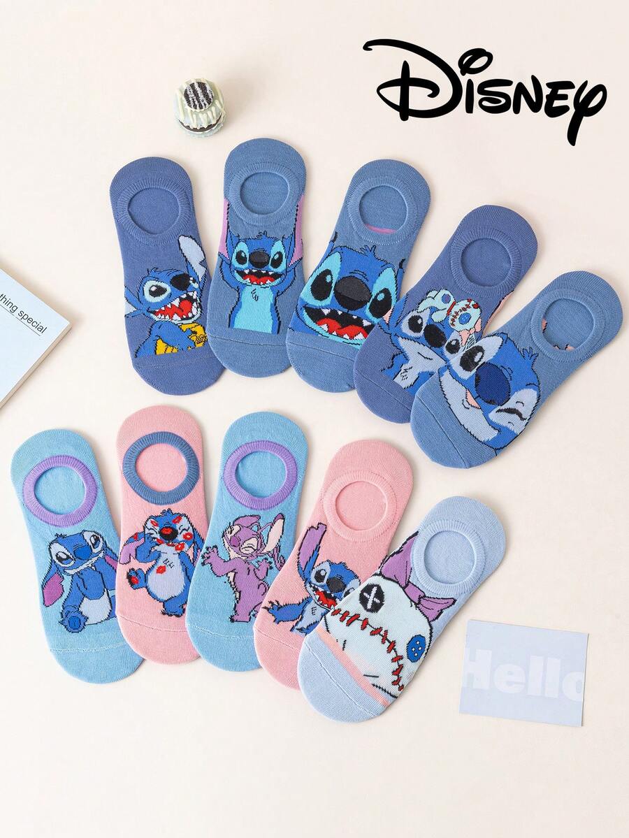 Disney 10/5 双装史迪奇和米奇图案女士短袜，透气舒适夏季隐形袜，新颖时尚袜子 - 彩色 - 查看 1