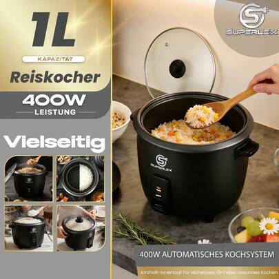 SUPERLEX Cuociriso elettrico da 450W 1L, multifunzione con funzione di vaporiera e mantenimento in caldo, rivestimento antiaderente, facile da pulire, cuociriso automatico con misurino e spatola per riso, adatto per famiglie