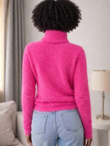 Furry Spotted Turtleneck Rabbit Wool Blouse – Soft, Elegant And Comfortable Rabbit Wool Turtleneck Blouse | Sophistication And Comfort - Hot Pink - View 3