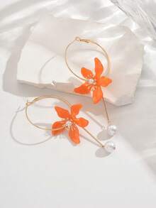 1 Pair Spring/Summer New Bohemian Orange Flower Faux Pearl Tassel Hoop Earrings, Versatile Daily Wear, Music Festival, Party, Vacation Accessory For Women - Golden Yellow + Multi-color - View 4