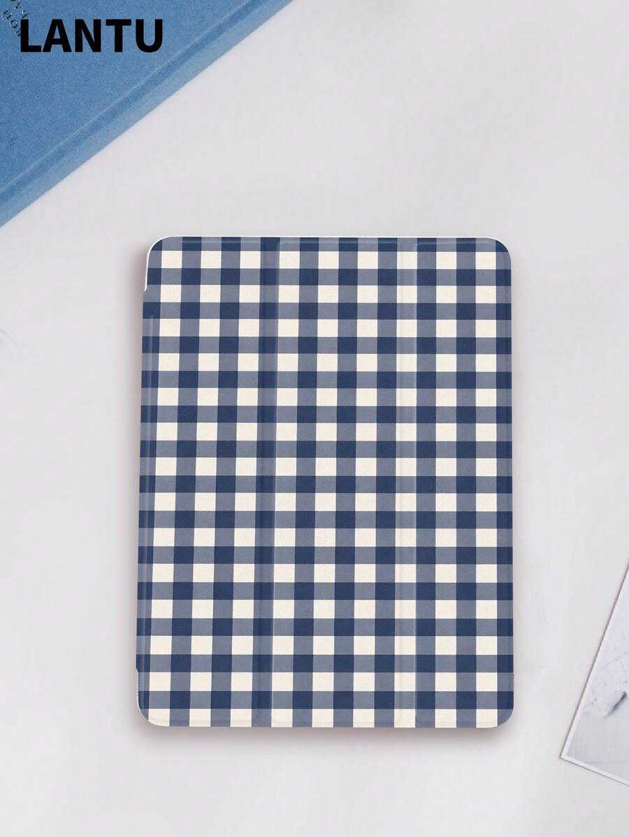 1pc Retro Blue Plaid Pattern Tablet Protective Case, Tri-Fold Stand Protective Cover, Compatible With Apple 10.2", Pro 11" 2020/2021/ (A16) 11" 11th Gen 2025, 9th/10th, Air 4th 10.9", Galaxy Tab S6 Lite 10.4", /, Anti-Drop, Pencil Slot, Sleep/Wake Support, Christmas Gift / Xmas Gift / New Year 2026 - Multicolor - View 1