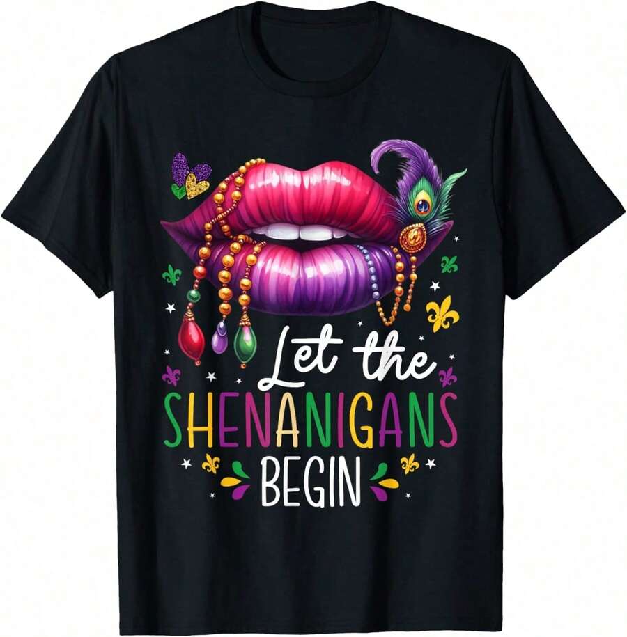 1Pc Let The Shenanigans Begin Mardi Gras Lips New Orleans T-Shirt, Unisex  T-Shirt, Women T-Shirt,Men Tshirt , Unisex Style,Holiday T-Shirts, Birthday T-Shirt,Gift Tee, Size S-5XL,Black