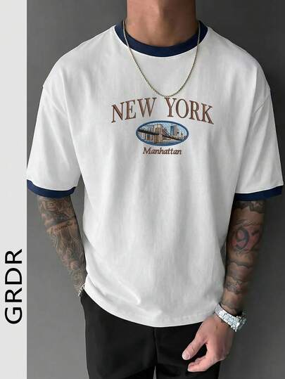 GRDR Camiseta con estampado de Manhattan, Nueva York - Cuello de contraste retro de manga corta