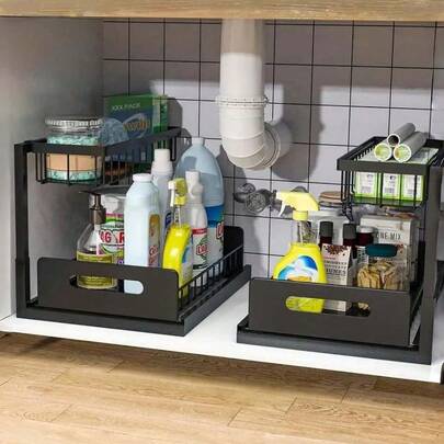 Pull-Out Under Sink Storage Rack, Double-Layer Sliding Organizer Rack, Multi-Functional Under Sink Storage Rack Suitable For Kitchen And Bathroom, Space-Saving, Expandable Design, Easy To Clean, Applicable To Bathroom/Kitchen/Laundry Room, Tidy Home, Color: Black