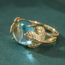 Cincin Daun Maple Antik dari Tembaga, Bertatahkan Batu Permata Biru, Cocok untuk Pemakaian Sehari-hari Wanita - Emas - View 3