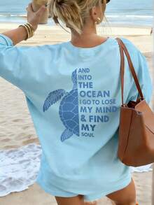 Women's Summer New Simple Slogan Print Casual Vacation Loose Fit Round Neck Short Sleeve T-Shirt, Fashionable Everyday Top, Suitable For Daily And Vacation Wear. Women's T-Shirt Top. - Baby Blue - View 9