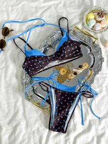 Bộ bikini chấm bi cổ điển dành cho nữ, đồ bơi gợi cảm cổ yếm hở lưng màu xanh nhạt, chấm bi nâu, bikini ngắn không tay dáng chữ A bất đối xứng, thích hợp cho mùa đông, đi chơi, sinh nhật, thường ngày, phong cách phương Tây, câu lạc bộ, bãi biển và kỳ nghỉ hè. - màu nâu - Xem 3