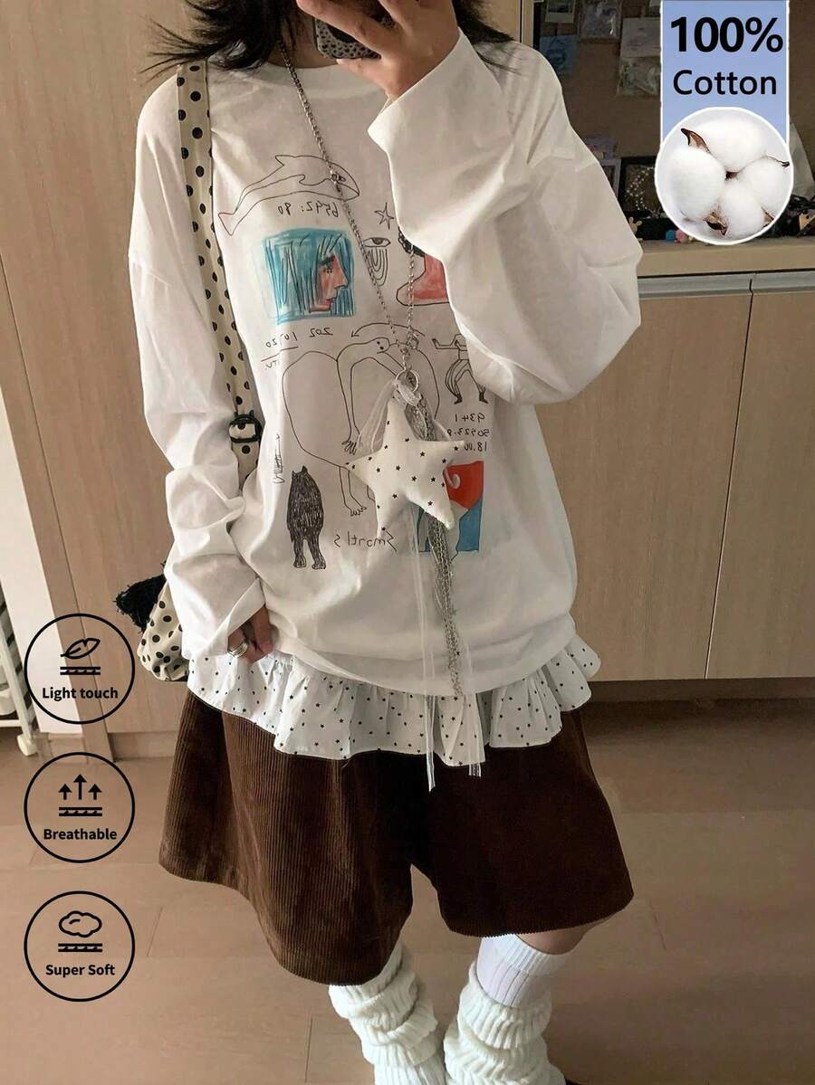 可爱涂鸦印花套头T恤，女士宽松休闲长袖T恤，柔软少女日常上衣，春季款 - 白色 - 查看 1