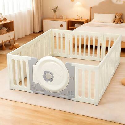 Foldable Baby Playpen For Baby And Toddlers With Play Mats & Activity Toys – 12/18-Panel Large Plastic Play Pen, Indoor Outdoor Safety Centre, Grey & White