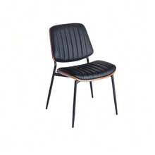 Set Of 2 Mid-Century Modern Retro Style Dining Chairs In Black Faux Leather, With Bent Walnut Wood Backrest, Padded Seat, Adjustable Metal Legs, For Kitchen And Dining Room (DE1849BK). - Black - View 6