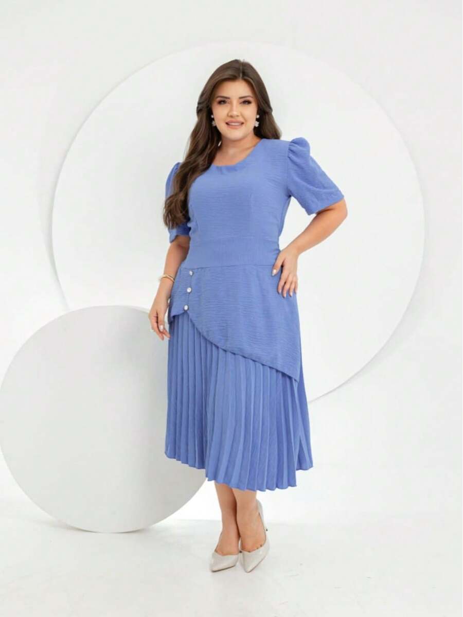 elegante  Casual    Botão  Plissado  Enrugado    Férias  Praia - Azul Empoeirado - Visão 1
