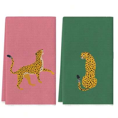 2pcs Pink & Green Leopard Print Kitchen Towel Set, Soft & Highly Absorbent Dish Cloths, Cooking/Baking Tea Towels, Housewarming Gift For Friends, Kitchen Accessories, Home Decor, Everyday Essentials