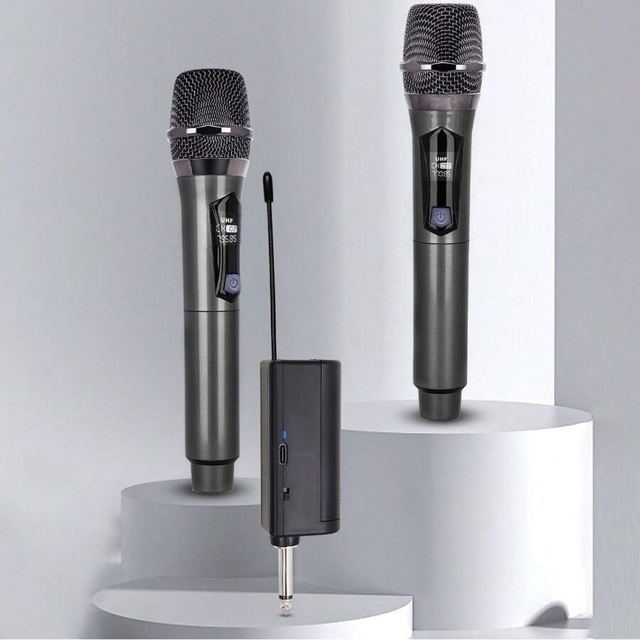2个专业VHF无线手持麦克风系统，可充电接收器，电池续航6小时，传输距离100英尺，适用于唱歌、卡拉OK、教堂、演讲、婚礼、派对等场合。