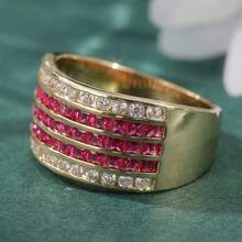 Women's Vintage Wide Copper Ring, Inlaid With Multiple Rows Of Synthetic Cubic Zirconia, Suitable For Daily Wear, Festivals, Weddings And Parties - Gold - View 3