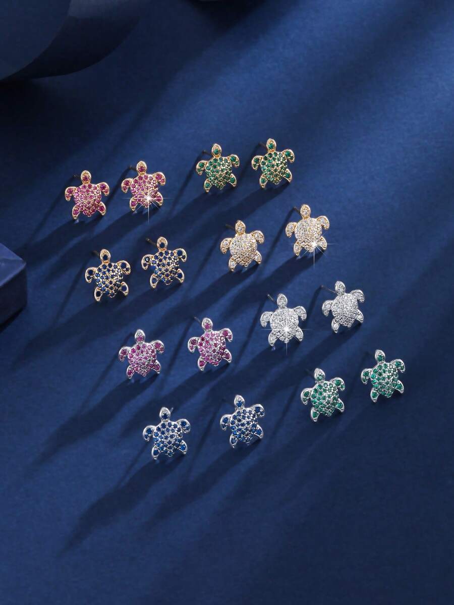2pcs Women's Fashion Ocean Turtle Zirconia Stud Earrings, Suitable For Cute Girls Daily Wear - Earrings - View 1