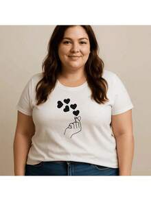 Women's Plus Size T-Shirt, 100% Cotton, Printed Finger Heart Design, Korean Drama/Kpop Style, Basic Premium Style, Round Neck, Short Sleeve, Casual Streetwear/Gym, Comfortable, Sizes G1 To G5 - 白色 - 查看 2