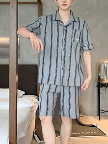 2pcs Men's Cardigan Pajama Set, Short Sleeve Top And Shorts, Breathable Moisture-Wicking Loungewear - Light Grey - View 4