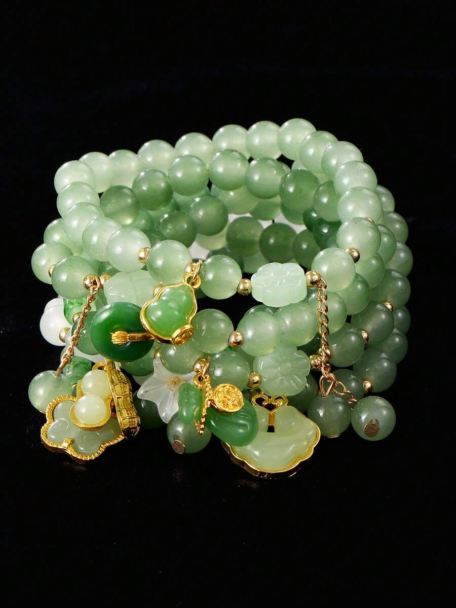 7pcs Elegant Faux Jade Butterfly, Gourd, Ruyi Pendant Bracelet Set, Women's Daily, Party, Holiday Gift Accessories - Multicolor - View 1