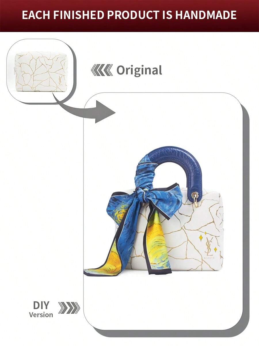 Yves Saint Laurent [Custom Makeup Bag] Marble Gold Crackle Print Handbag, Featuring A Painted Silk Scarf And Blue Leather Handles. A Stylish, High-End, Classic, And Versatile Gift For Women. - White - View 1