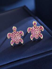 2pcs Women's Fashion Ocean Turtle Zirconia Stud Earrings, Suitable For Cute Girls Daily Wear - Earrings - View 7