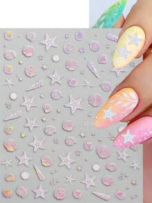 Set de 12 pegatinas de arte de uñas con diseños de conchas arcoíris con láser, coral, estrellas de mar, para primavera y verano, con temática de playa y océano, 3D y coloridos, con estilo de sirena, autoadhesivos para manicura - Multicolor - Ver 6