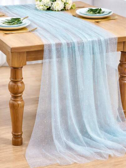 1Pc Light Blue Glitter Tulle Mesh Table Runner,Gauze Table Cover With Shiny Silver Sequin,75*180cm Tablecloth,DIY Crafts,Wedding Decor,Baby Shower Decor,Gender Reveal Party Decor,First Birthday Party Decoration Supplies,Newborn Party Decor Photography Backdrop,Home Decor,Room Decor,Tabletop Decor