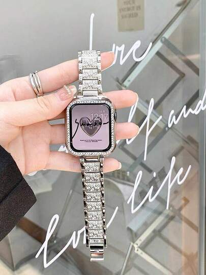 Elegant Rhinestone Metal Watch Band Compatible With Apple Watch Series Ultra 3/2/1 SE S11/S10, S9, S8, S7, S6, SE, S5, S4, S3 Ultra 2 - Fits 38mm 40mm, 41mm, 42mm, 44mm, 45mm, 46mm, 49mm Models - Sparkling Luxury Diamond Ladies Strap In Rose Gold, Silver, Black - Alloy Material - Shimmering Design