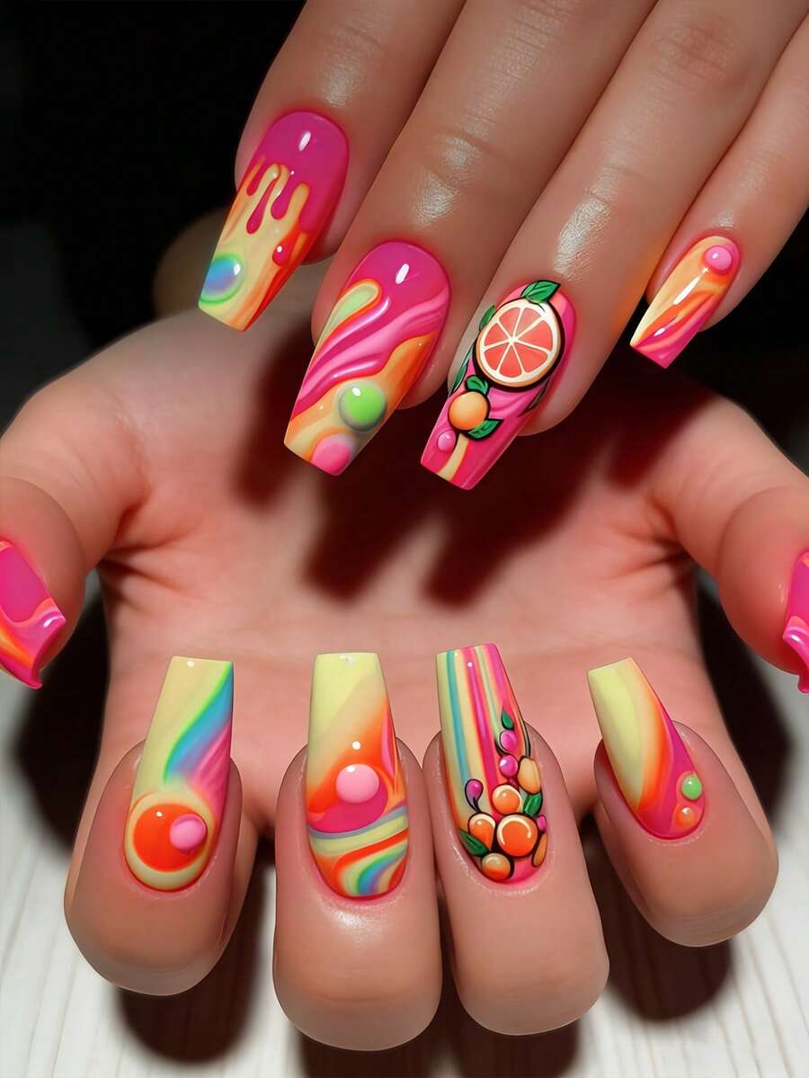 24pcs Coffin Shaped Colorful Fruit Pattern Full Cover Fake Nails Stickers, Suitable For Women & Girls Daily Wear, Comes With 1 Adhesive Sticker Sheet & 1 Mini Nail File, Random Jelly Glue - Multicolor - View 1