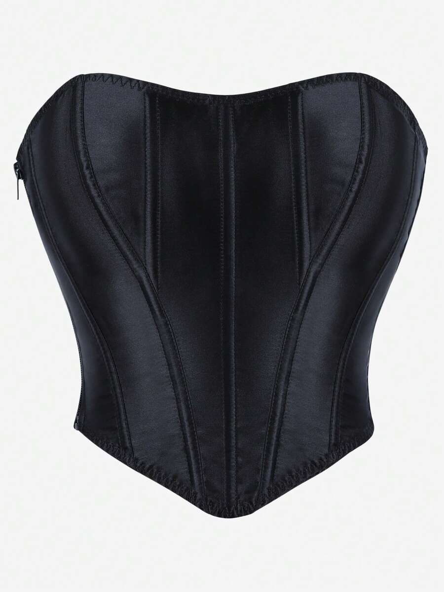 Áo corset không dây, áo croptop cúp ngực với dây buộc sau lưng và khóa kéo bên hông, áo lót định hình ôm sát cơ thể, áo vest giảm béo màu trơn. - màu đen - Xem 1