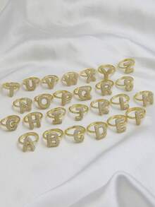 泡泡可爱26字母戒指，女士气球镀金锆石A-Z字母开口可调节戒指，美观婚礼首饰礼物 - 金色 - 查看 6