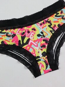 Dircho 3pcs Sexy Contrast Lace Hipster Panties, Allover Print Comfy Silky Intimates Briefs Panties, Women's Underwear & Lingerie - Multicolor - View 7