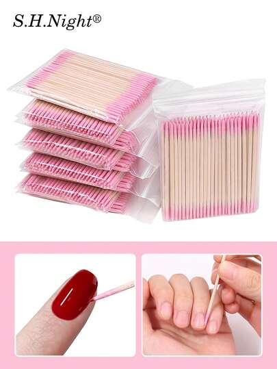 100/200支双头卸甲棉签，小号尖头双头眉毛纹身美容清洁工具，约100支/包（包装选项：1/2/3/5/10/20包），美甲护理，美甲工具，修甲工具，返校季，美甲艺术，美甲工具（适用于美甲贴纸），双头卸甲棒，美甲工具