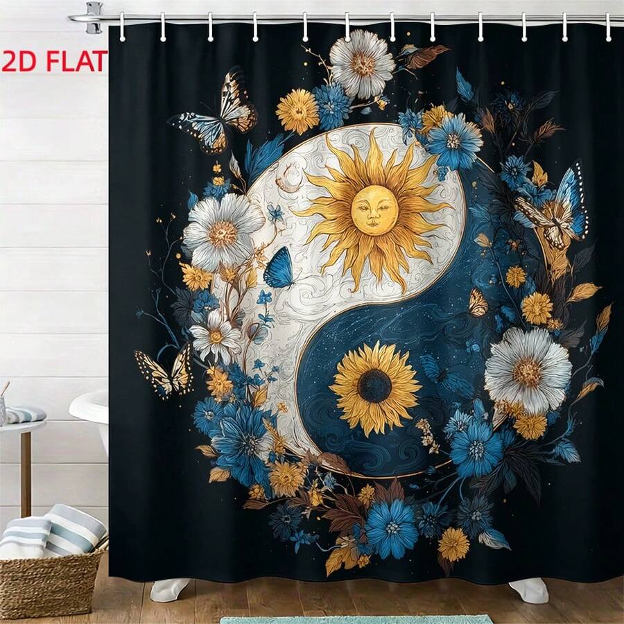 2D Design, 1-Piece Sunflower Butterfly Print Shower Curtain, With Hooks, Suitable For Windows And Walls, Bathtubs, And Bathroom Home Decor, Can Perfectly Match Your Existing Bathroom Decor. It Is An Ideal Gift For Family Gatherings, Holidays, And Birthdays - 47*71in/120*180cm - View 1