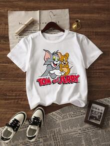 Whysmera SHEIN X Tom & Jerry Women's Summer New Laughing Face Graphic Tee, Suitable For Casual Wear, School, Weekend Outings, Dates In Spring/Summer. A Versatile Casual Essential Top, Also Great For Vacation Wear. - White - View 3