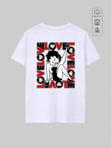 Elourie SHEIN X Betty Boop Printemps/Été [Affiche rétro LOVE Cœur] T-shirt à manches courtes pour femme, imprimé dessin animé noir et blanc, coupe ample, épaules tombantes, inscription LOVE et détails en forme de cœur à pois, en coton côtelé blanc, style universitaire, nouveauté sport printemps/été, fluide, élégant, doux et respirant. - Blanc - Voir 1