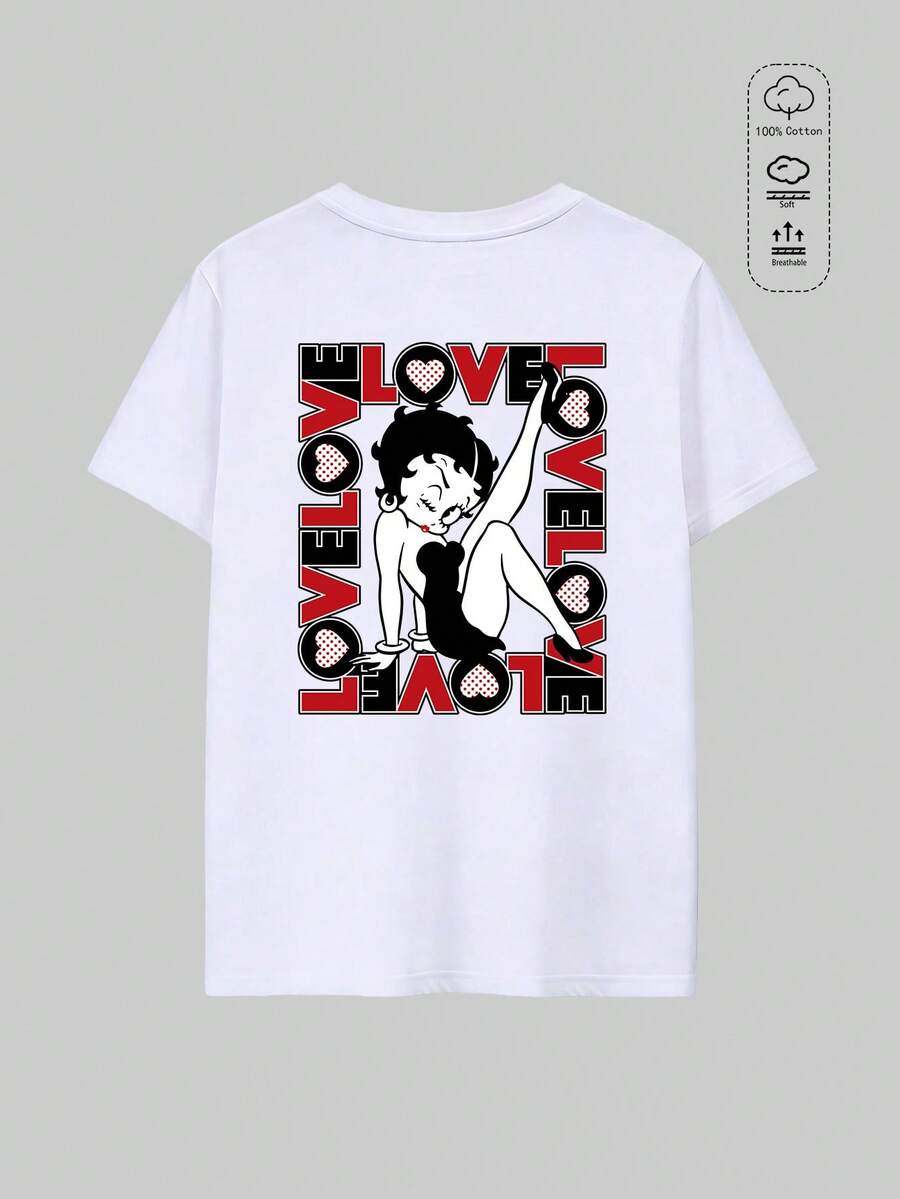 Elourie SHEIN X Betty Boop Printemps/Été [Affiche rétro LOVE Cœur] T-shirt à manches courtes pour femme, imprimé dessin animé noir et blanc, coupe ample, épaules tombantes, inscription LOVE et détails en forme de cœur à pois, en coton côtelé blanc, style universitaire, nouveauté sport printemps/été, fluide, élégant, doux et respirant. - Blanc - Voir 1