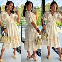 vestido midi  moda evangelica com manga Cortar e costurarBlingblingeleganteSensualCasualTecidoRuaNoiteCasamento - Creme - Visão 3