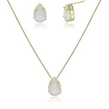 Women's Gold-Plated Costume Jewelry Set: Earrings, Necklace, And Teardrop Stone Pendant (18k Gold Plated) - 玻璃 - 查看 4