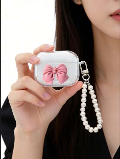 1pc Bow Decor Transparent Earphone Case With Pearl Pendant, Cute Clear Protective Cover Compatible With Apple True Wireless Earbuds, Shockproof Anti-Dust Slim Earbud Case Skin, Fashion Portable Headphone Case For Women Girls, Stylish Bag Charm Keychain Accessory, Ideal For Daily Use, Travel, Commute, Perfect Personal Use & Sweet Gift For Friends Family Birthday Holiday